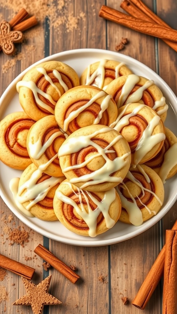 A delightful plate of cinnamon roll cookies with icing, placed on a rustic table.